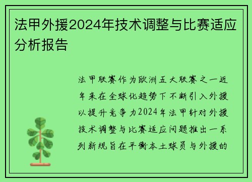 法甲外援2024年技术调整与比赛适应分析报告
