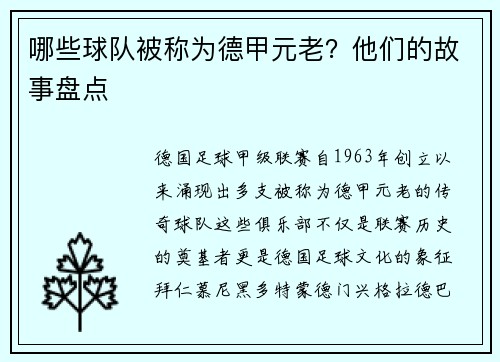 哪些球队被称为德甲元老？他们的故事盘点